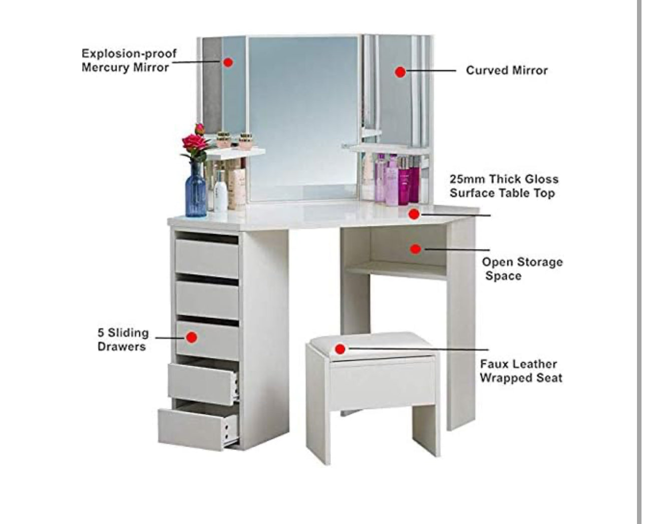 White Corner Dressing Table with Mirror, Makeup Table Set with Cushioned Stool Storage 5 Drawers LED Bulbs Vanity Dresser Desk L
