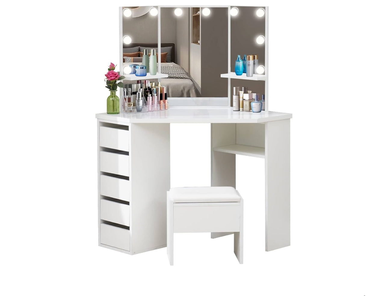 White Corner Dressing Table with Mirror, Makeup Table Set with Cushioned Stool Storage 5 Drawers LED Bulbs Vanity Dresser Desk L