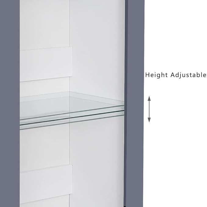 White Matt Body & Grey High Gloss Front LED Tall Display Cabinet With Glass Shelf Cupboard Unit Living Room