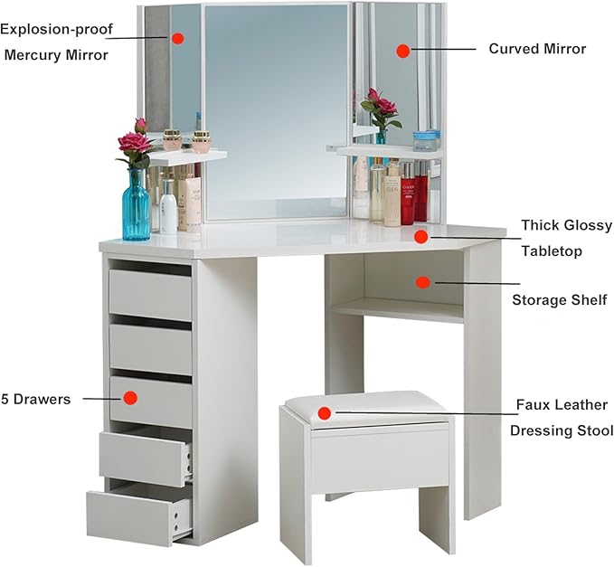 White Corner Curved Dressing Table with 5 Drawer 3 Mirror and Stool, Vanity Table