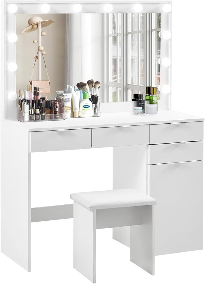 White Large Dressing Table Set with Hollywood LED Lights Mirror Vanity Desk with Cushioned Stool, Makeup Table with 4 Drawers & storage Bedroom