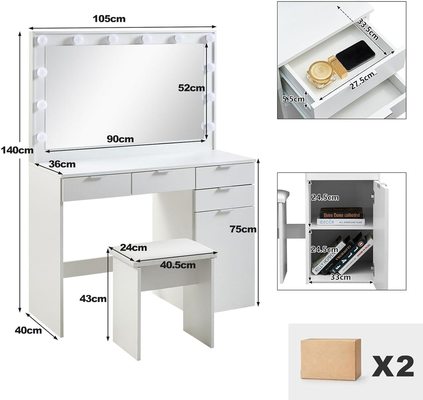 White Large Dressing Table Set with Hollywood LED Lights Mirror Vanity Desk with Cushioned Stool, Makeup Table with 4 Drawers & storage Bedroom