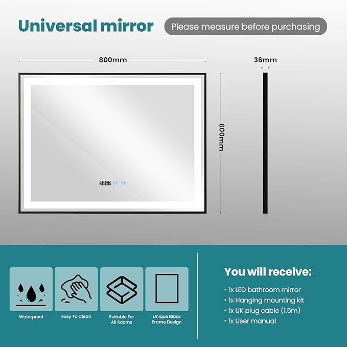 Bathroom Mirror with LED Light 600 x 800 MM Backlit Illuminated Wall Mounted Vanity Mirror with Demister Anti-Fog Makeup Mirror Dimmable 3 Color LED Light Touch Control Time Display IP44