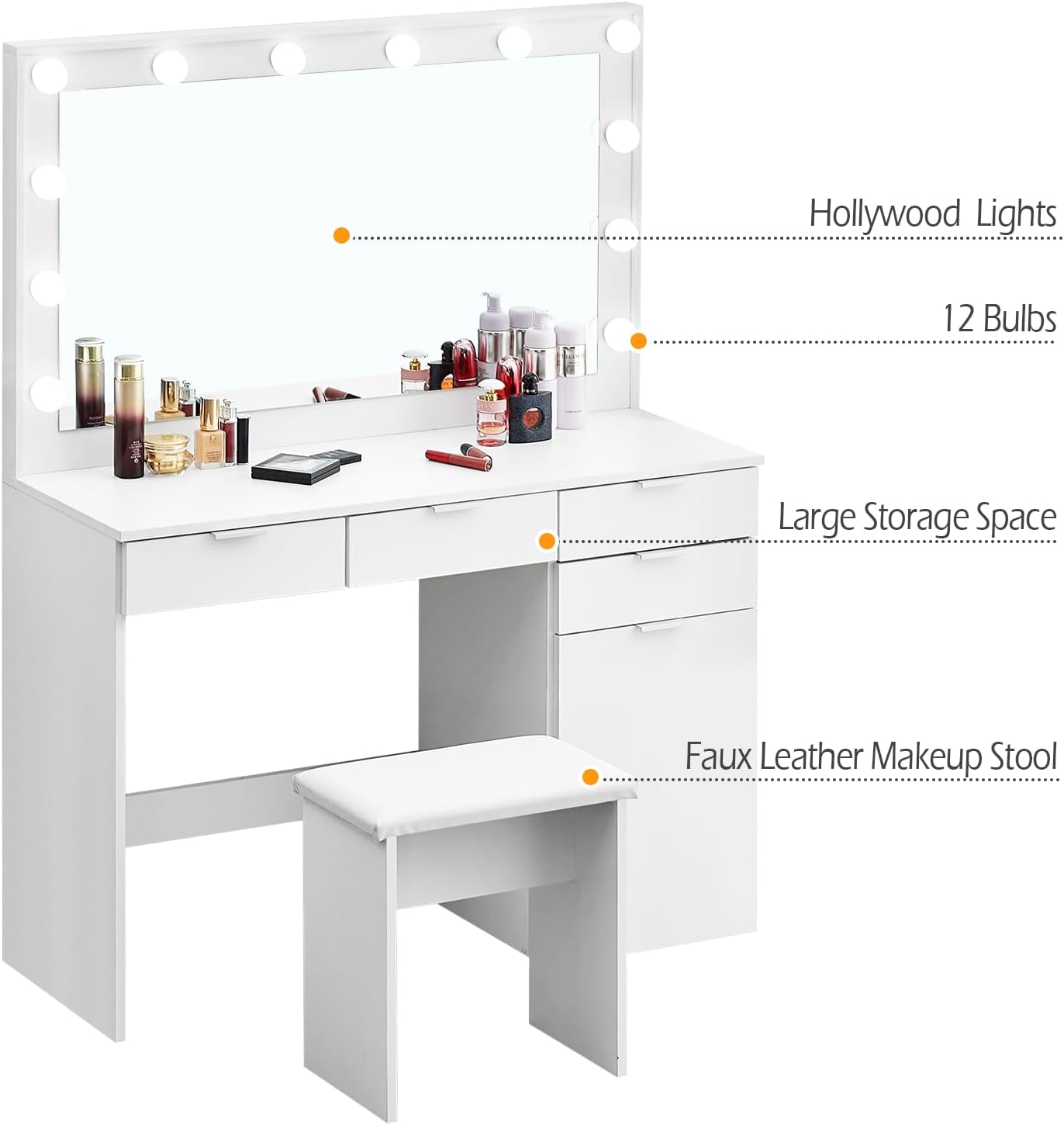 White Large Dressing Table Set with Hollywood LED Lights Mirror Vanity Desk with Cushioned Stool, Makeup Table with 4 Drawers & storage Bedroom