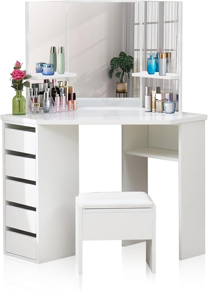 White Corner Curved Dressing Table with 5 Drawer 3 Mirror and Stool, Vanity Table