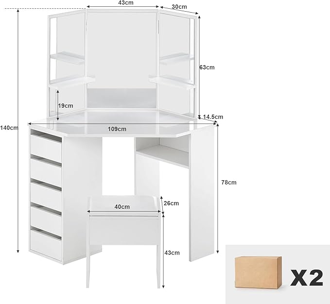 White Corner Curved Dressing Table with 5 Drawer 3 Mirror and Stool, Vanity Table