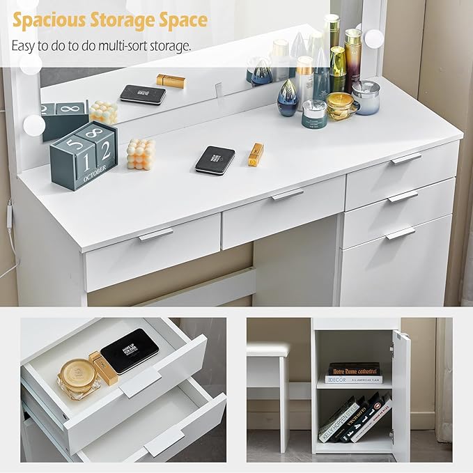 White Large Dressing Table Set with Hollywood LED Lights Mirror Vanity Desk with Cushioned Stool, Makeup Table with 4 Drawers & storage Bedroom