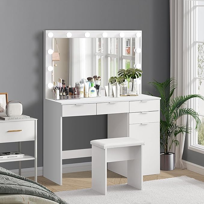 White Large Dressing Table Set with Hollywood LED Lights Mirror Vanity Desk with Cushioned Stool, Makeup Table with 4 Drawers & storage Bedroom