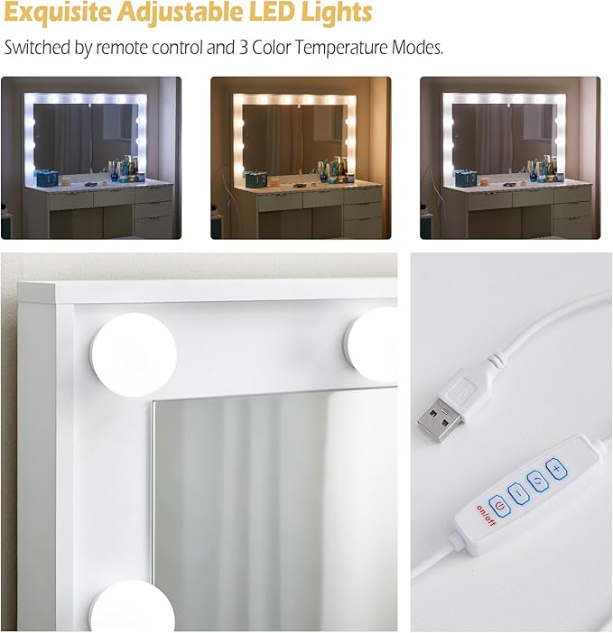 White Large Dressing Table Set with Hollywood LED Lights Mirror Vanity Desk with Cushioned Stool, Makeup Table with 4 Drawers & storage Bedroom