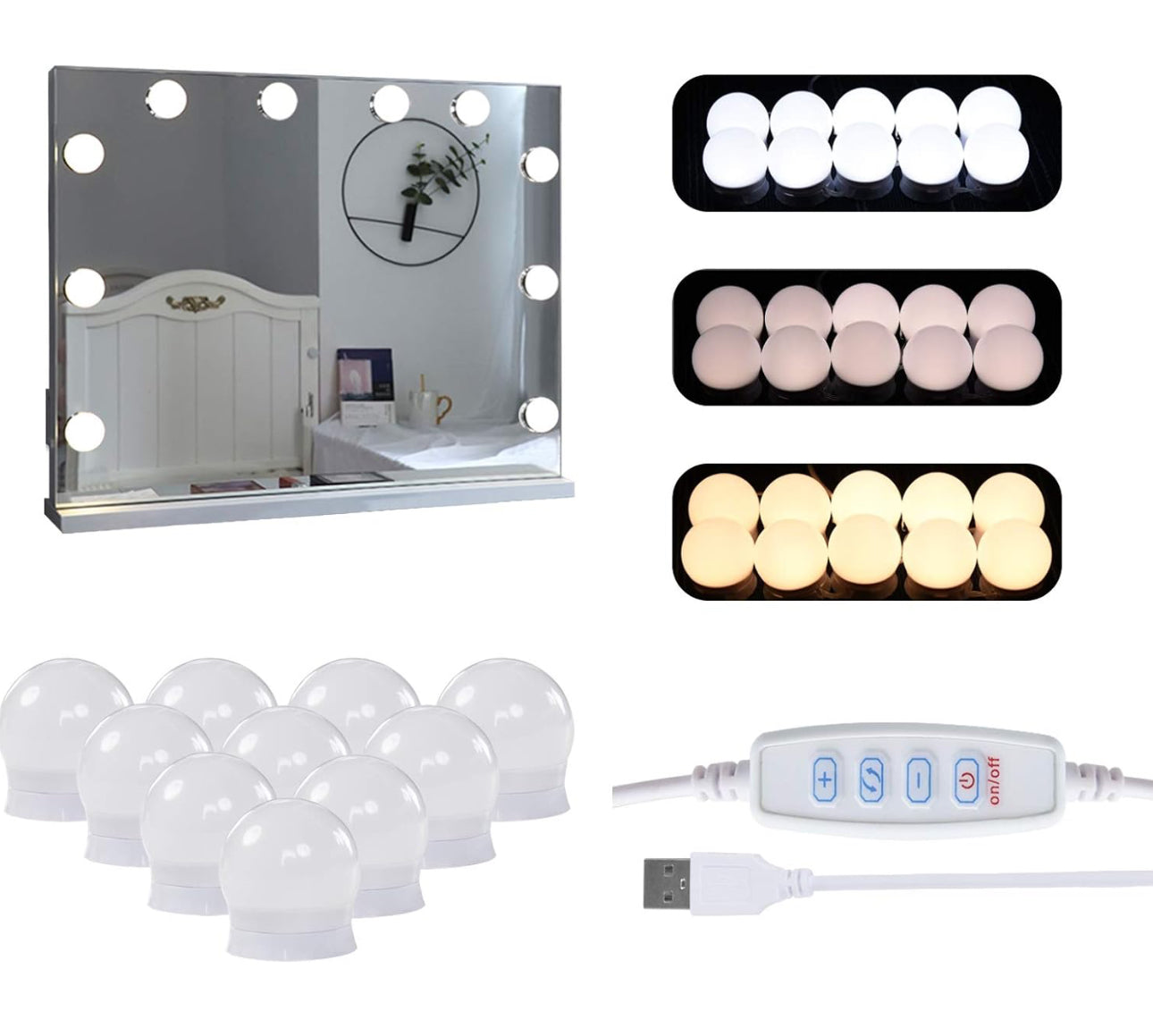 White Corner Dressing Table with Mirror, Makeup Table Set with Cushioned Stool Storage 5 Drawers LED Bulbs Vanity Dresser Desk L