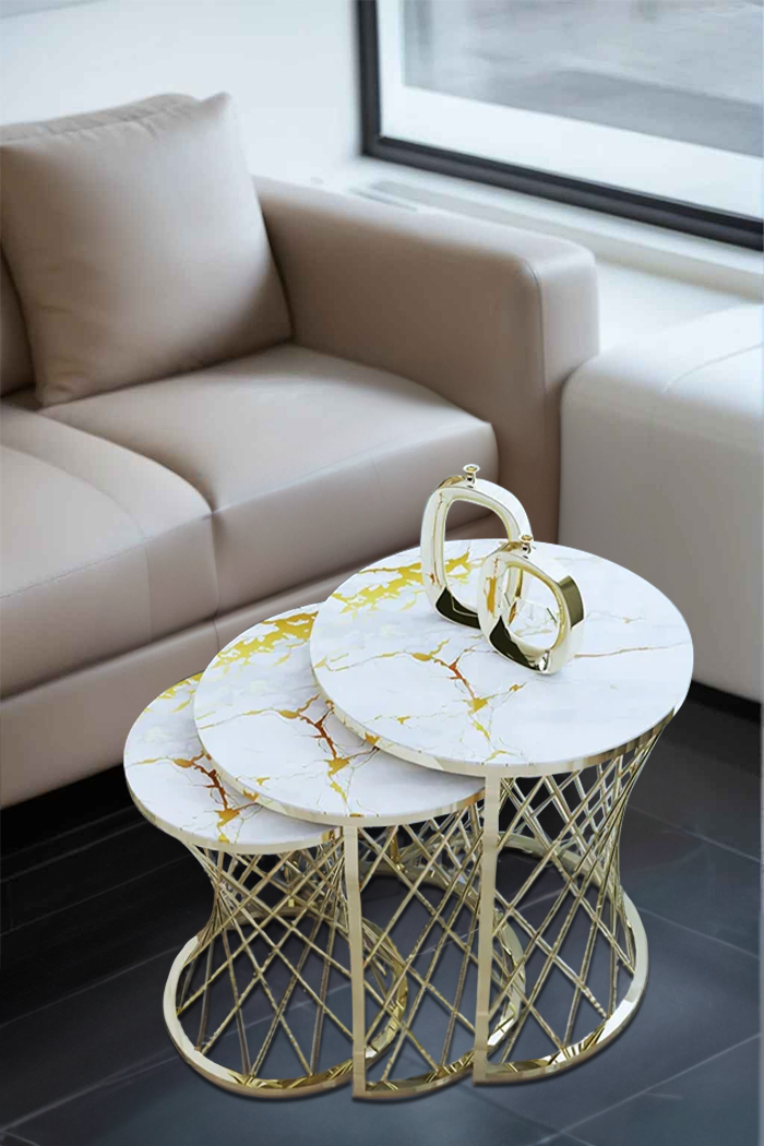 White And Gold Nesting Coffee Table Set of 3 Marble Effect Living Room