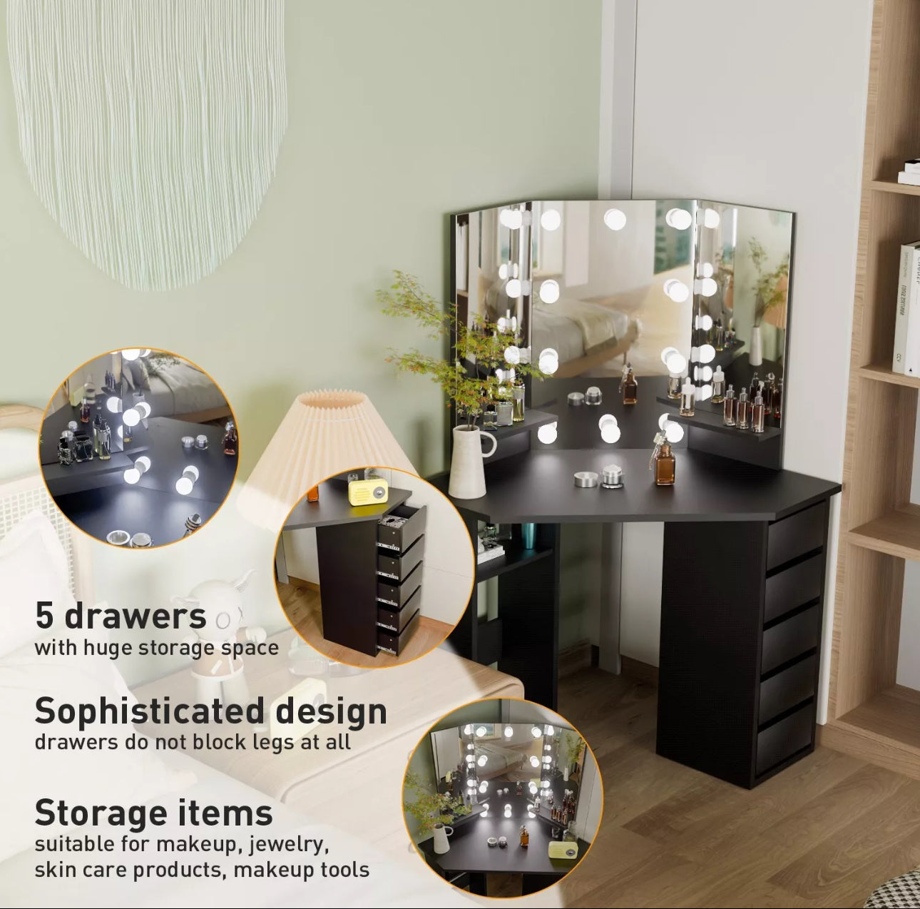 Panana Corner Dressing Table with LED Light