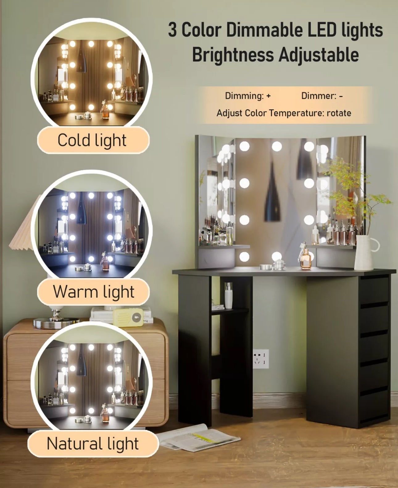 Panana Corner Dressing Table with LED Light