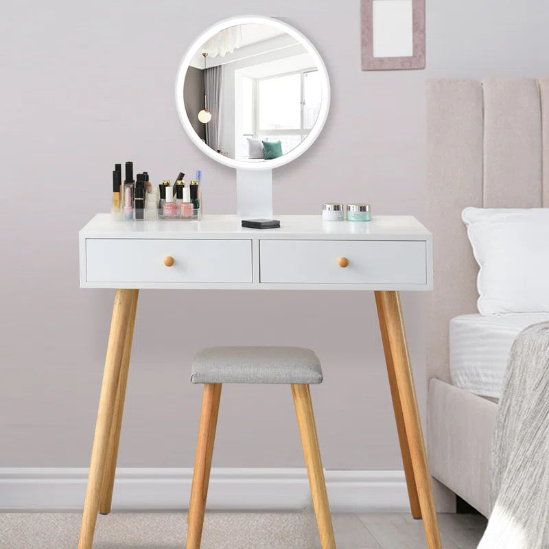 White Dressing Table with LED Light Mirror & Cushioned Stool, 2 Drawers Vanity Table Set with Bedside Table for Bedroom