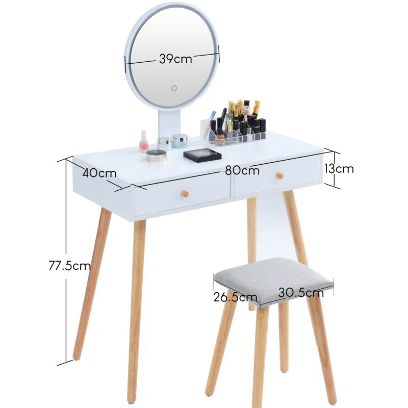 White Dressing Table with LED Light Mirror & Cushioned Stool, 2 Drawers Vanity Table Set with Bedside Table for Bedroom