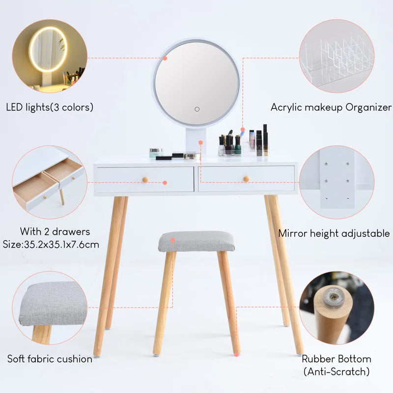 White Dressing Table with LED Light Mirror & Cushioned Stool, 2 Drawers Vanity Table Set with Bedside Table for Bedroom