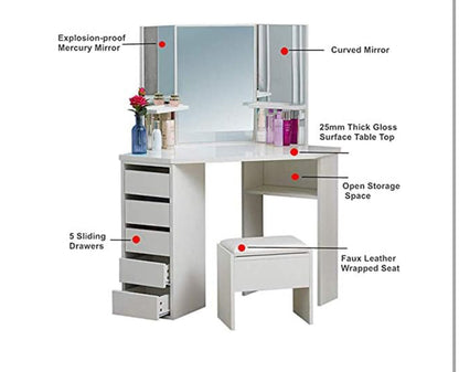 White Corner Dressing Table with Mirror, Makeup Table Set with Cushioned Stool Storage 5 Drawers LED Bulbs Vanity Dresser Desk L