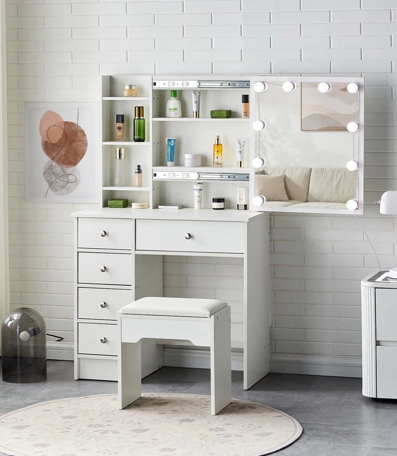 Dressing Table and Stool Set Sliding Mirror Cabinet 5 Drawers 6 Shelves+Bulbs
