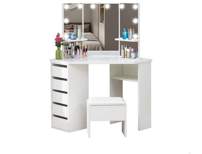 White Corner Dressing Table with Mirror, Makeup Table Set with Cushioned Stool Storage 5 Drawers LED Bulbs Vanity Dresser Desk L