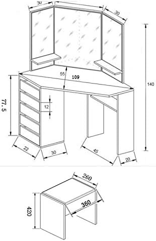 White Corner Dressing Table with Mirror, Makeup Table Set with Cushioned Stool Storage 5 Drawers LED Bulbs Vanity Dresser Desk L