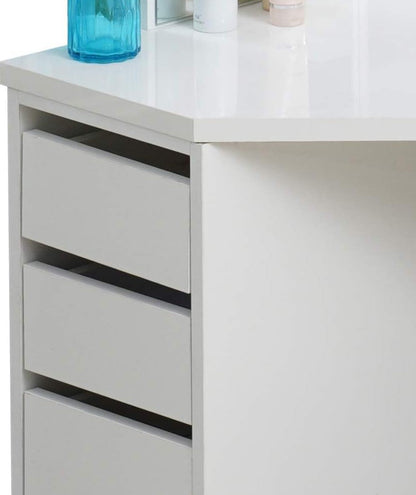 White Corner Dressing Table with Mirror, Makeup Table Set with Cushioned Stool Storage 5 Drawers LED Bulbs Vanity Dresser Desk L