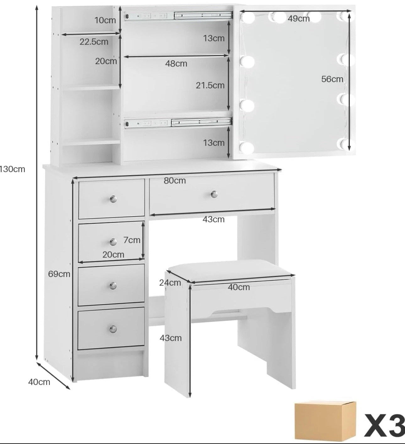 Dressing Table and Stool Set Sliding Mirror Cabinet 5 Drawers 6 Shelves+Bulbs