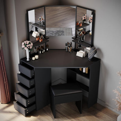 Makeup Desk with 3 Angle Mirror and 5 Drawers