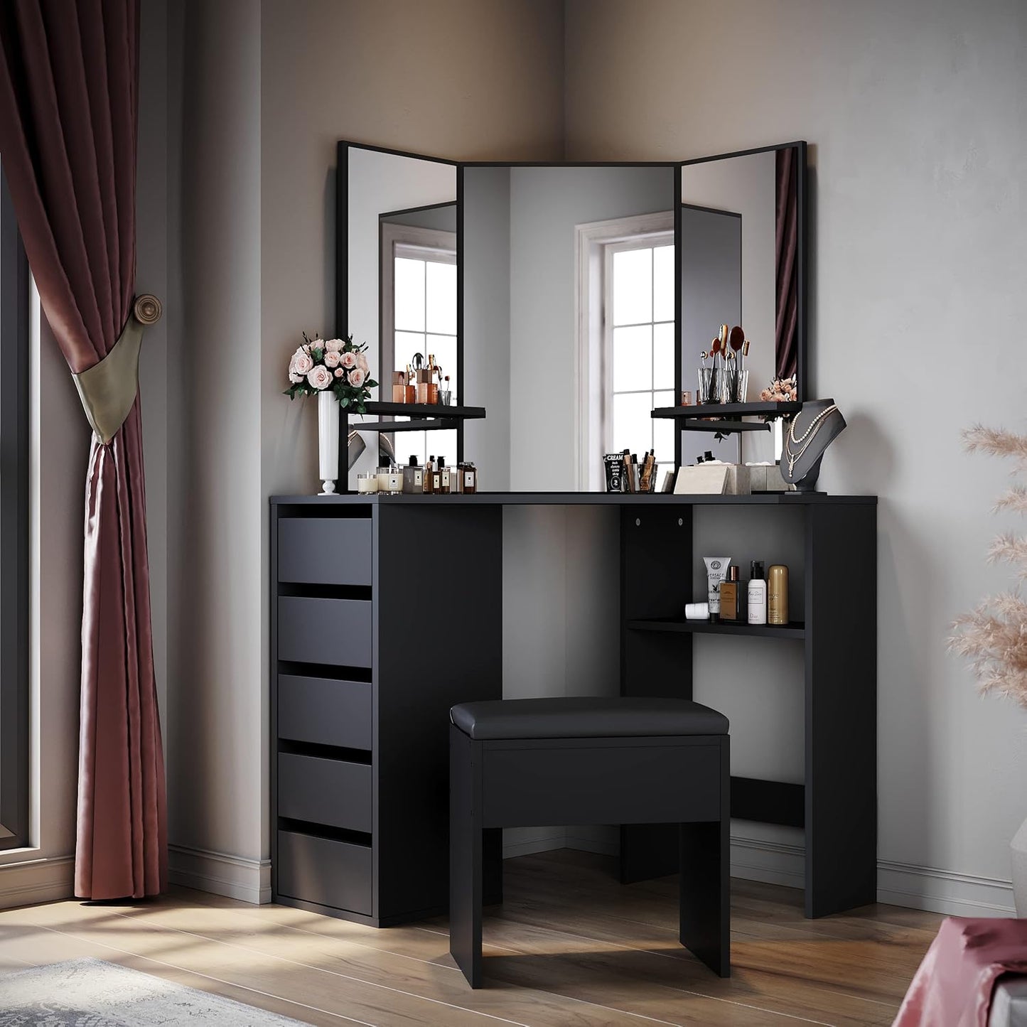 Makeup Desk with 3 Angle Mirror and 5 Drawers