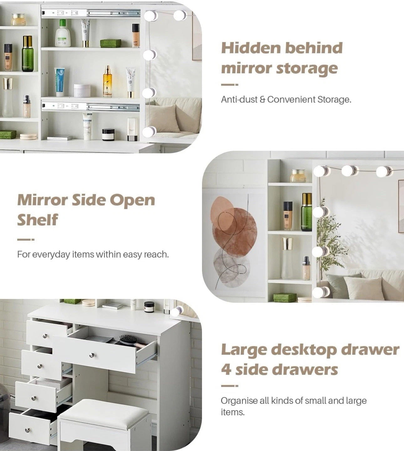 Dressing Table and Stool Set Sliding Mirror Cabinet 5 Drawers 6 Shelves+Bulbs