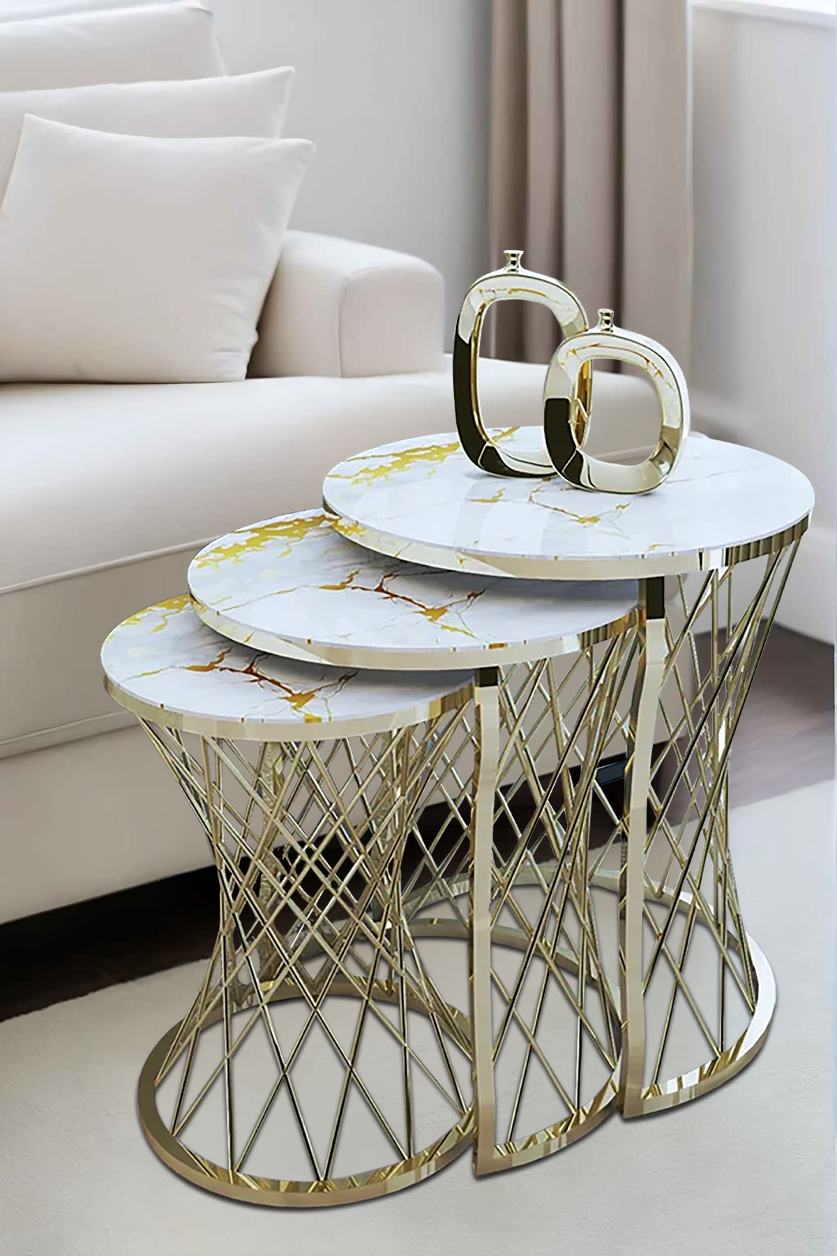 White And Gold Nesting Coffee Table Set of 3 Marble Effect Living Room