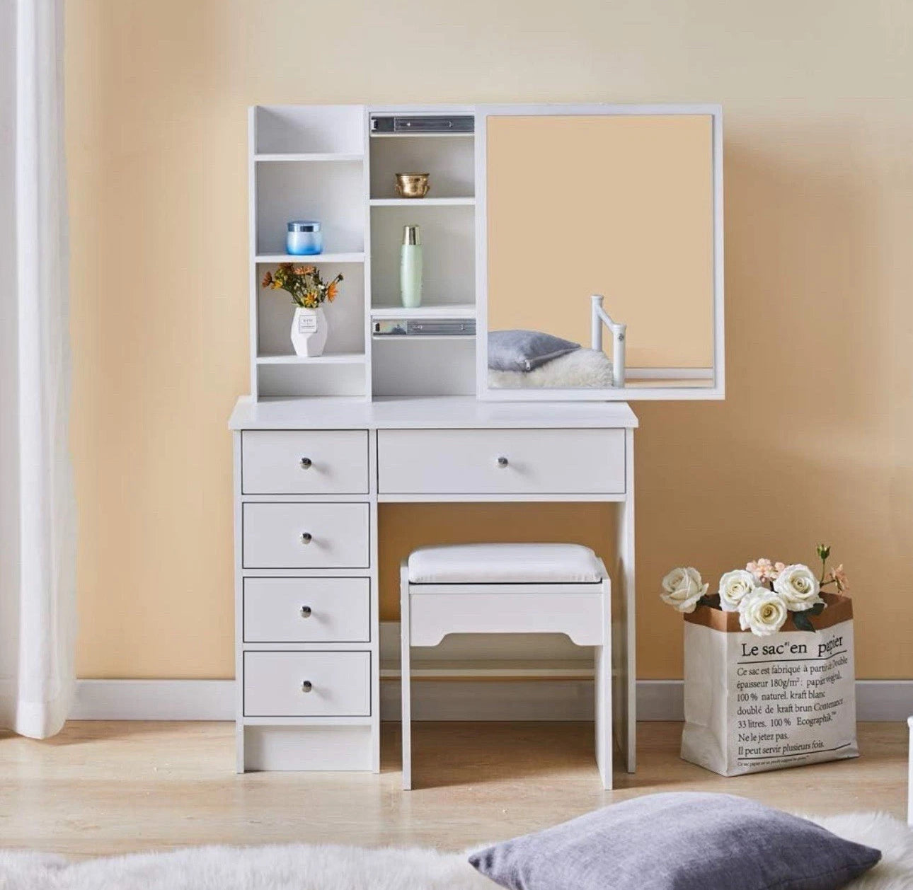 Dressing Table and Stool Set Sliding Mirror Cabinet 5 Drawers 6 Shelves+Bulbs