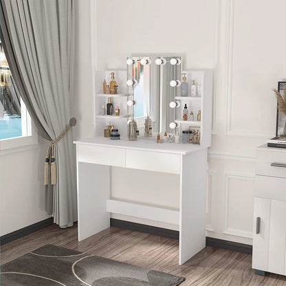 Dressing Table with Mirror, Shelves & Light Bulbs Vanity Makeup Desk Set with Drawers Bedroom Furniture