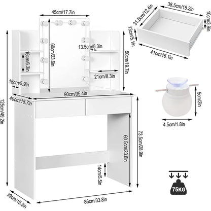 Dressing Table with Mirror, Shelves & Light Bulbs Vanity Makeup Desk Set with Drawers Bedroom Furniture