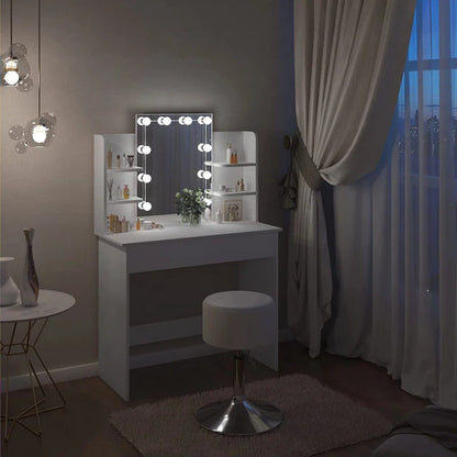 Dressing Table with Mirror, Shelves & Light Bulbs Vanity Makeup Desk Set with Drawers Bedroom Furniture