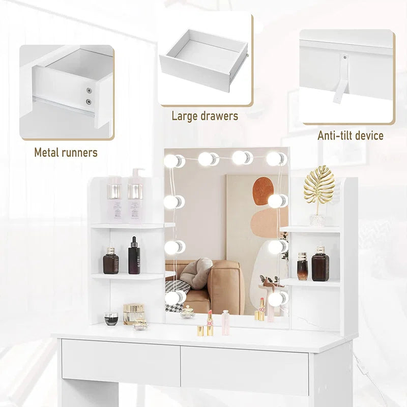 Dressing Table with Mirror, Shelves & Light Bulbs Vanity Makeup Desk Set with Drawers Bedroom Furniture