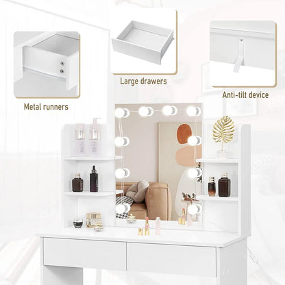 Dressing Table with Mirror, Shelves & Light Bulbs Vanity Makeup Desk Set with Drawers Bedroom Furniture