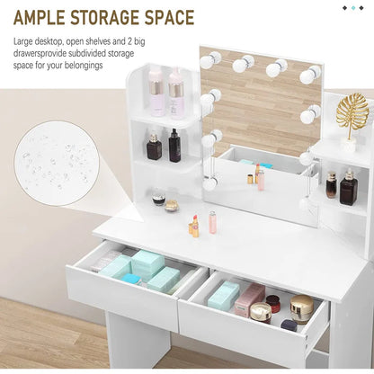 Dressing Table with Mirror, Shelves & Light Bulbs Vanity Makeup Desk Set with Drawers Bedroom Furniture