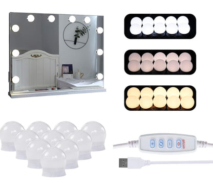 White Corner Dressing Table with Mirror, Makeup Table Set with Cushioned Stool Storage 5 Drawers LED Bulbs Vanity Dresser Desk L