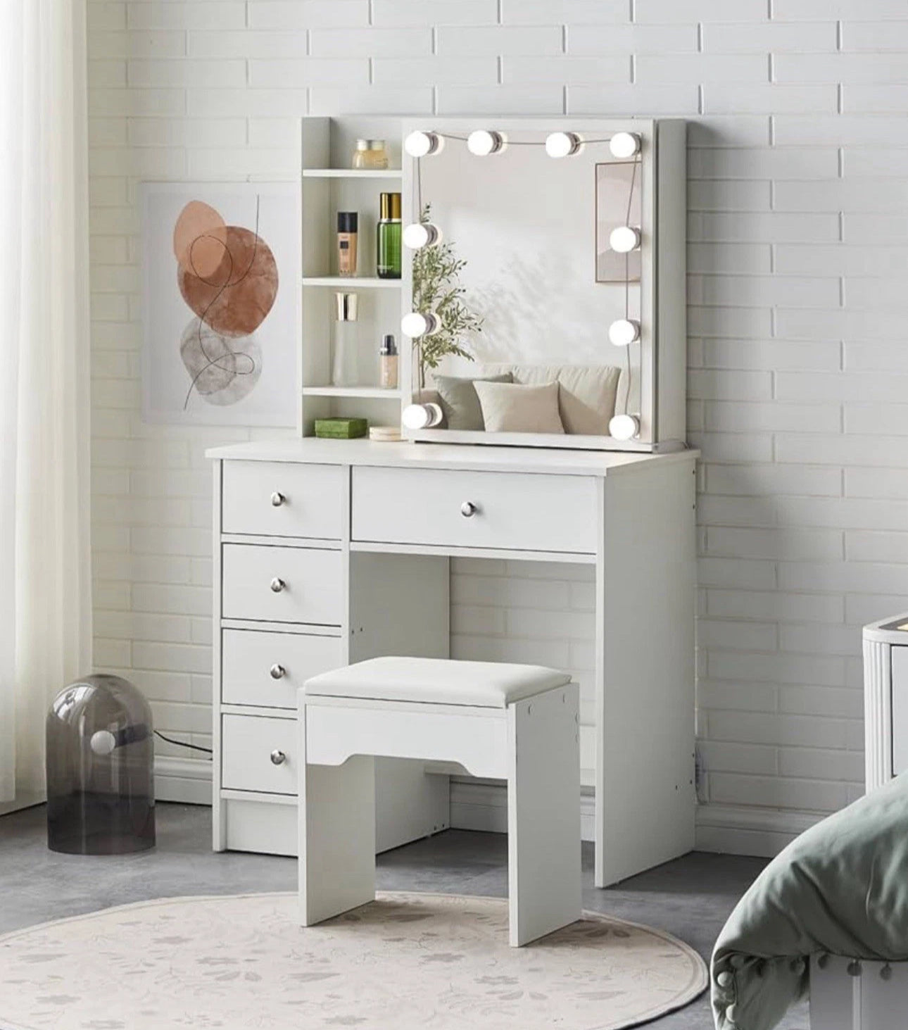 Dressing Table and Stool Set Sliding Mirror Cabinet 5 Drawers 6 Shelves+Bulbs