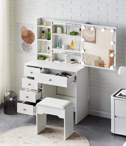 Dressing Table and Stool Set Sliding Mirror Cabinet 5 Drawers 6 Shelves+Bulbs