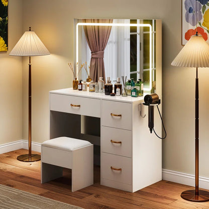 White Dressing Table With 4 Drawers, LED Mirror & Stool Bedroom Vanity