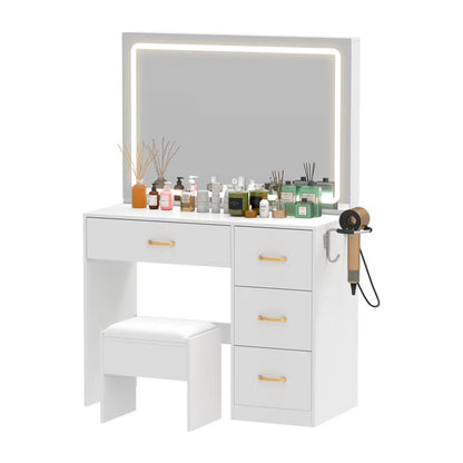 White Dressing Table With 4 Drawers, LED Mirror & Stool Bedroom Vanity