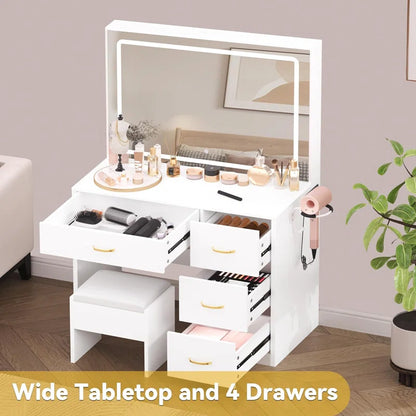 White Dressing Table With 4 Drawers, LED Mirror & Stool Bedroom Vanity