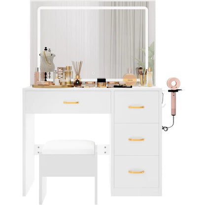 White Dressing Table With 4 Drawers, LED Mirror & Stool Bedroom Vanity