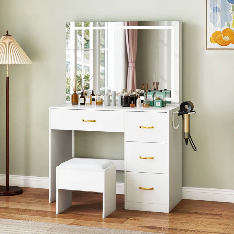 White Dressing Table With 4 Drawers, LED Mirror & Stool Bedroom Vanity