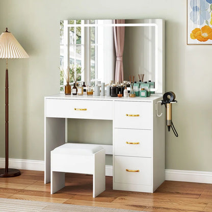 White Dressing Table With 4 Drawers, LED Mirror & Stool Bedroom Vanity
