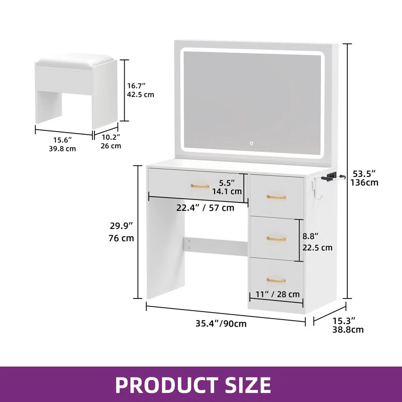 White Dressing Table With 4 Drawers, LED Mirror & Stool Bedroom Vanity