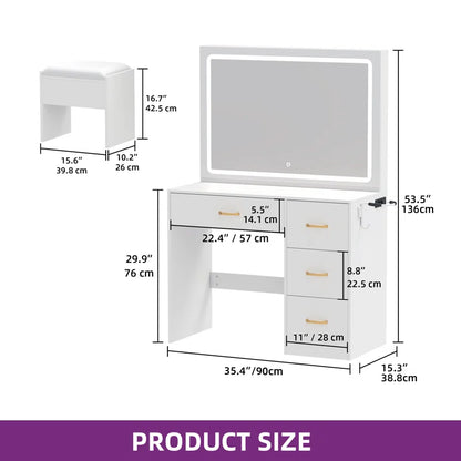 White Dressing Table With 4 Drawers, LED Mirror & Stool Bedroom Vanity