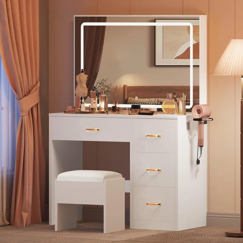 White Dressing Table With 4 Drawers, LED Mirror & Stool Bedroom Vanity