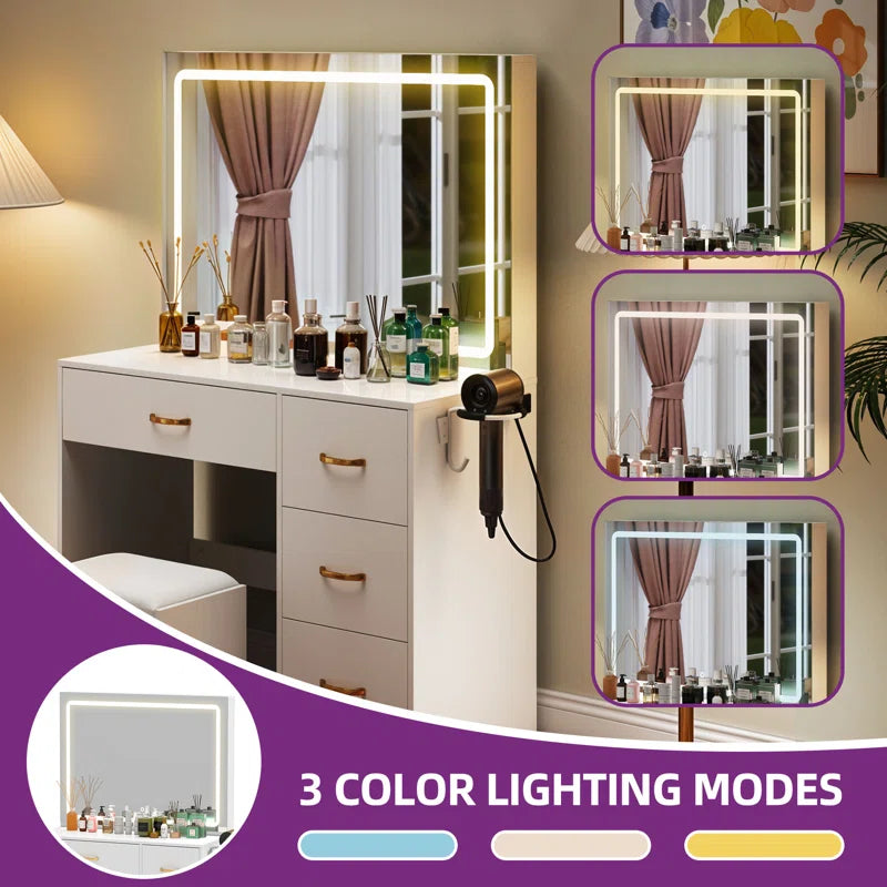 White Dressing Table With 4 Drawers, LED Mirror & Stool Bedroom Vanity